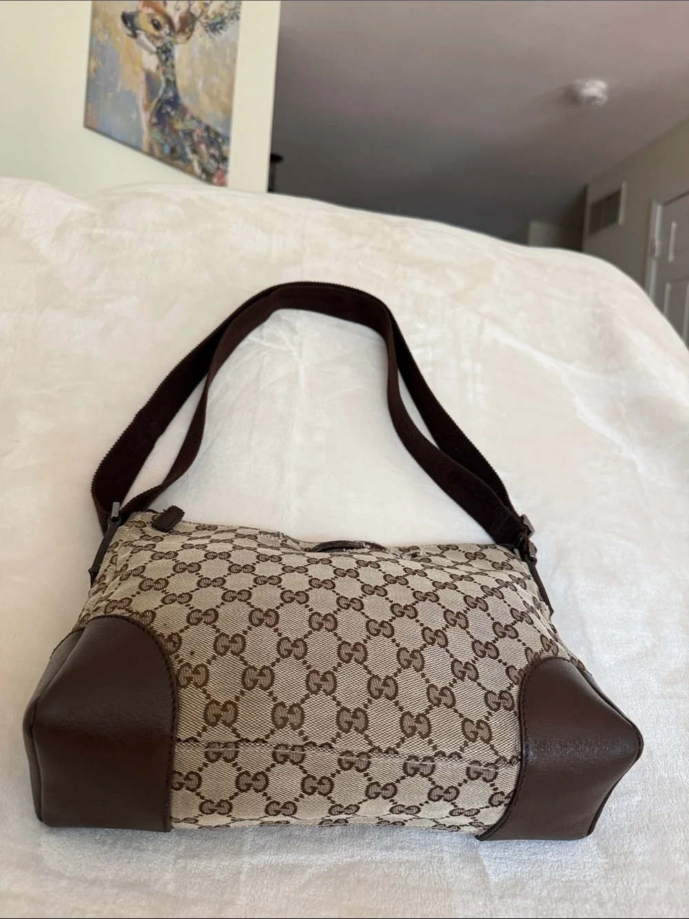 Authentic Gucci Shoulder Bag Gucci Crossbody Canvas with Brown leather Trim